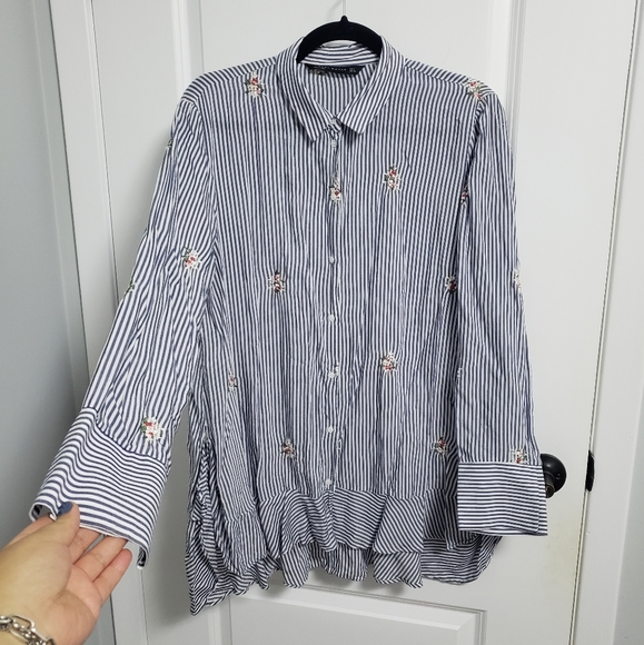 ZARA Striped Embroidered Floral Button Up Shirt Blouse - Picture 1 of 8